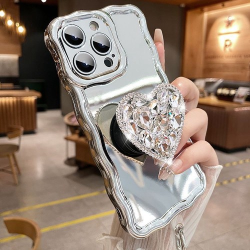 Crystal Rhinestone Love Heart Bracket Phone Case For iPhone Shock-resistant Protective Cover With Mirror Finish And Beaded Lanyard